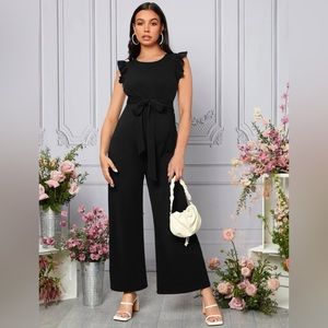 SHEIN Maternity Flutter Sleeve Belted Wide Leg Jumpsuit